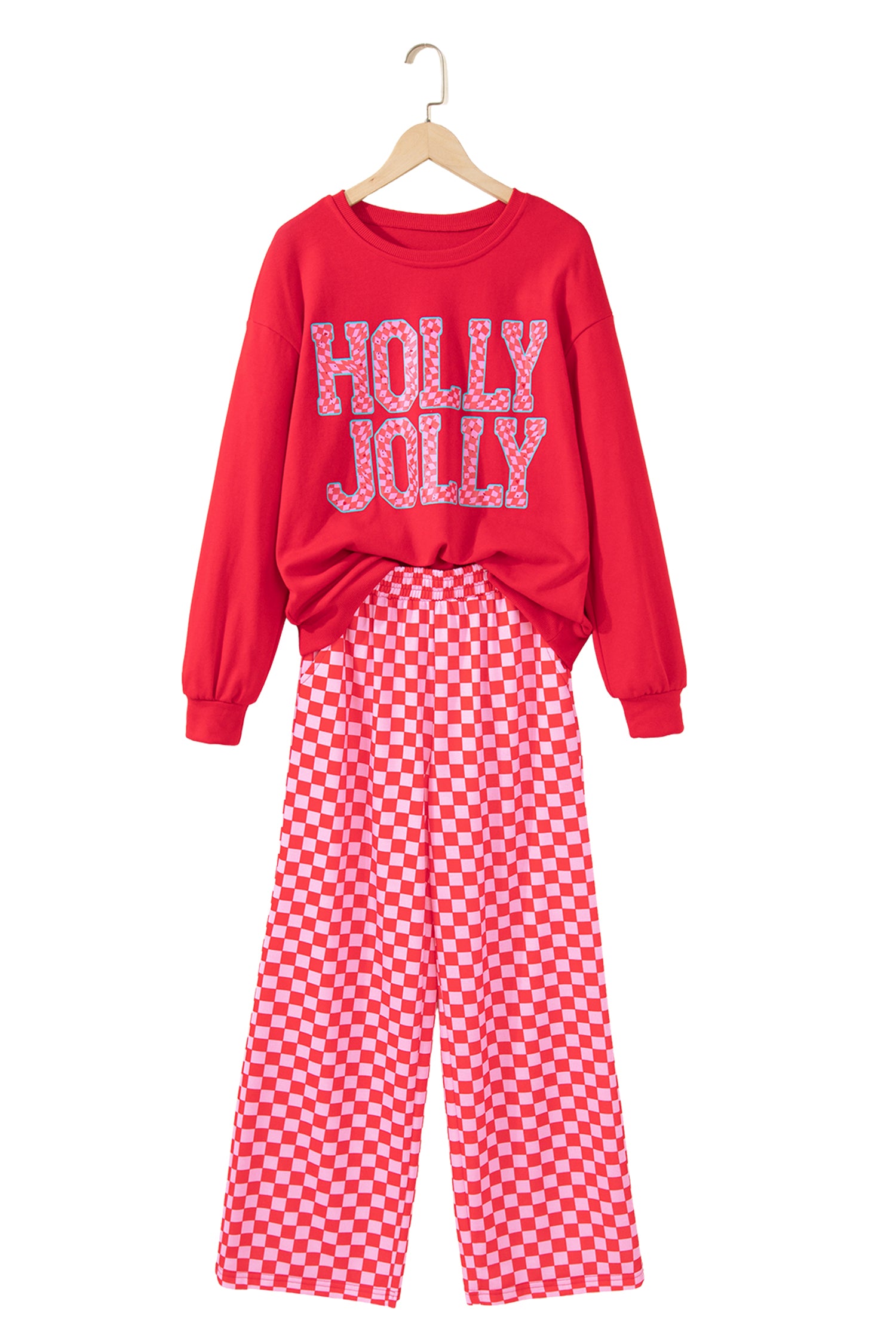 Red Christmas Slogan Graphic Plaid Contrast Two-piece Pant Set - Aaria Tees Aaria Tees