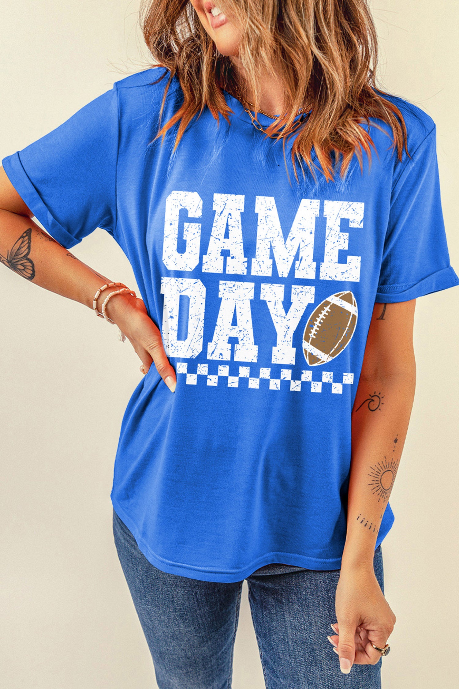 Dark Blue GAME DAY Checkered Print Rugby Graphic T Shirt - Aaria Tees Aaria Tees