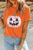 Orange Patchwork Pumpkin Graphic Short Sleeve Round Neck Tee Aaria Tees