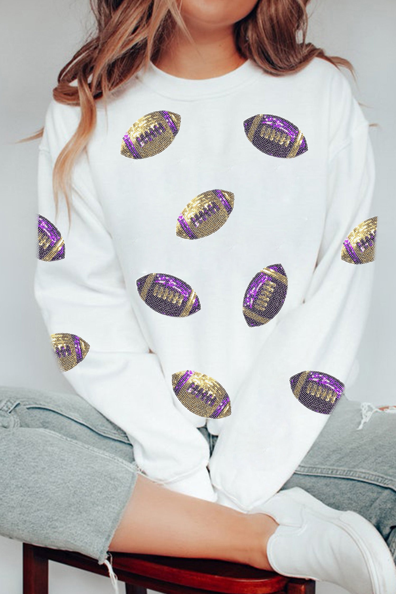 White Game Day Sequin Rugby Pattern Baggy Sweatshirt - Aaria Tees Aaria Tees