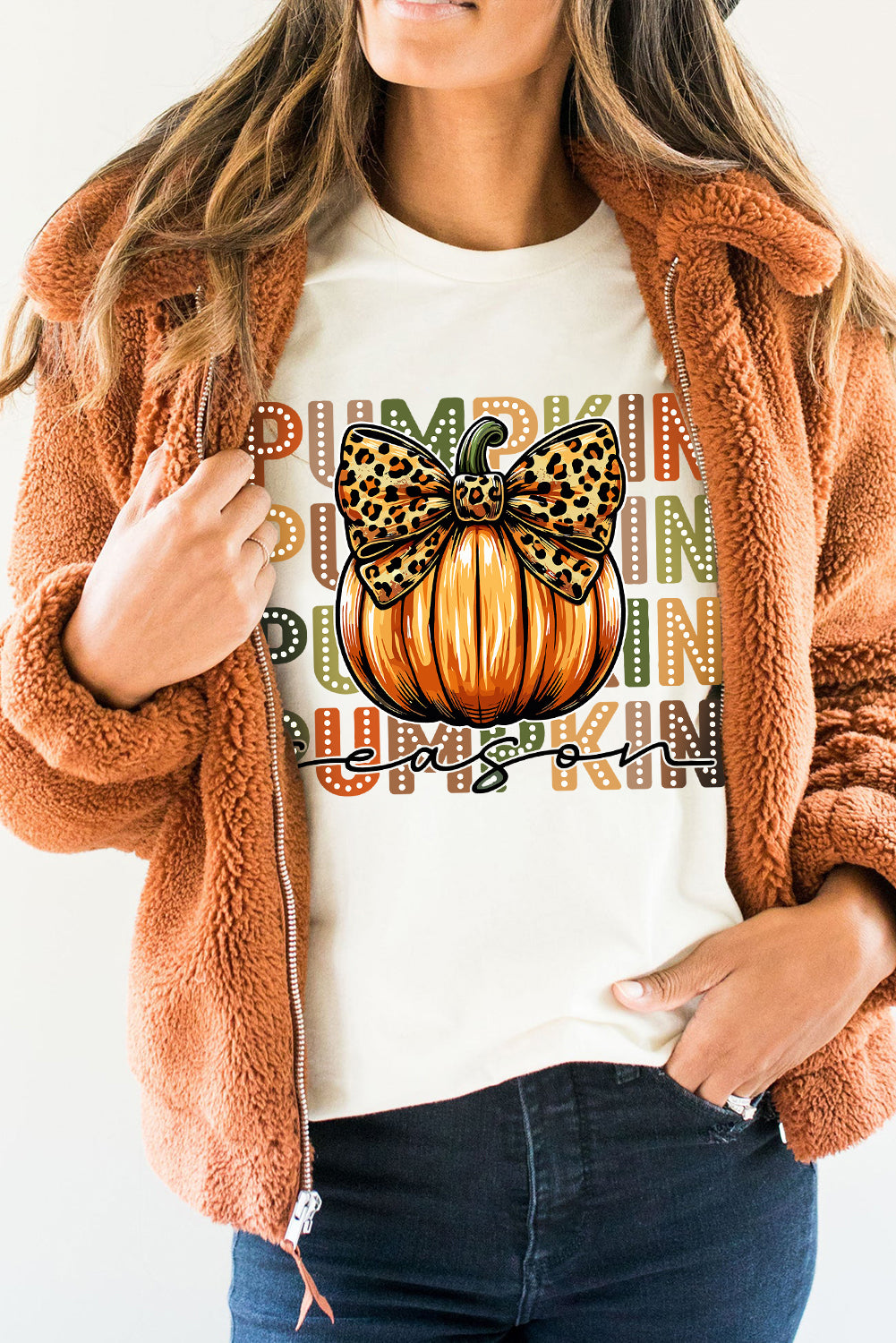 White PUMPKIN Season Leopard Bow Print Crew Neck T Shirt - Aaria Tees Aaria Tees