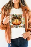 White PUMPKIN Season Leopard Bow Print Crew Neck T Shirt - Aaria Tees Aaria Tees
