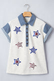 Light Grey Color Block Polo Neck Patriotic Sequin Star Graphic Polo Tee Aaria Tees