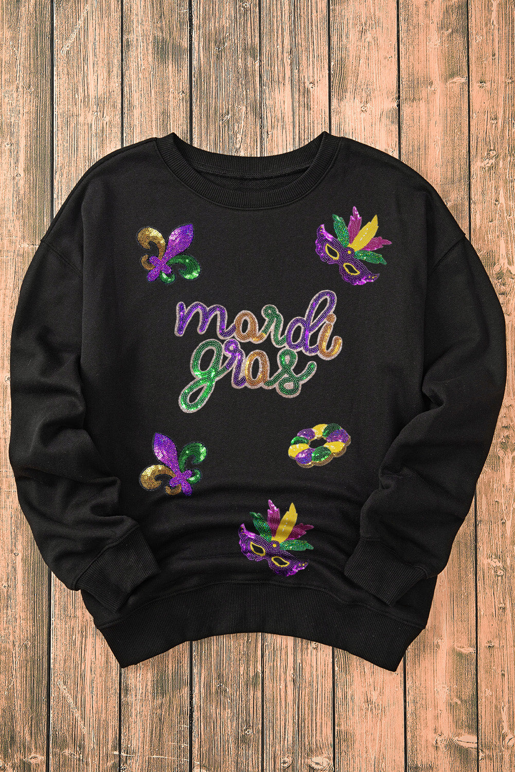 Black Sequin mardi gras Fleur de Lis Graphic Pullover Sweatshirt - Aaria Tees Aaria Tees