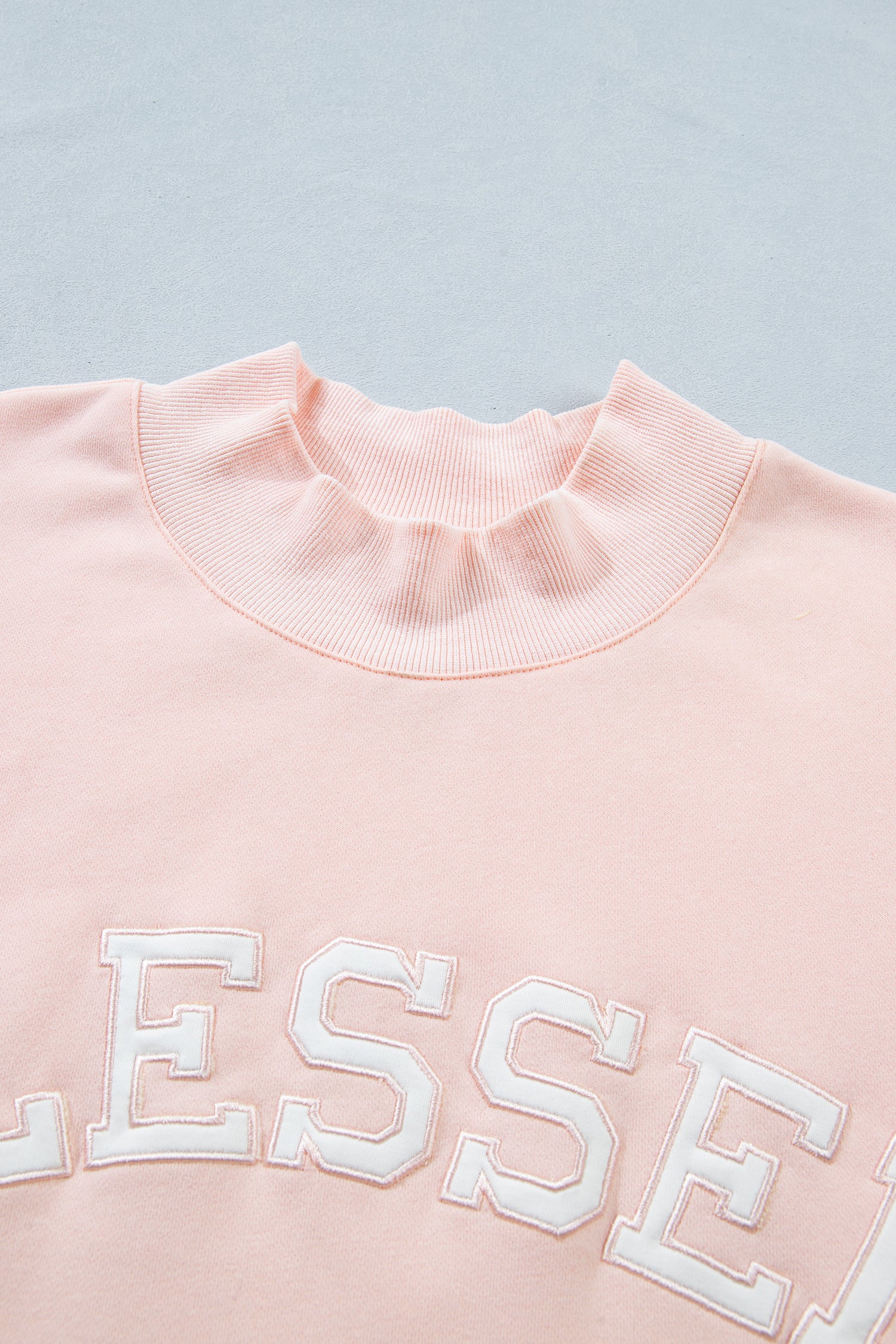 Light Pink BLESSED Embroidered Trim Patch Graphic Plus Size Mock Neck Sweatshirt - Aaria Tees Aaria Tees