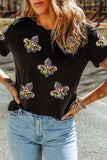 Black Maid Gras Sequin Fleur de Lis Graphic T Shirt Aaria Tees