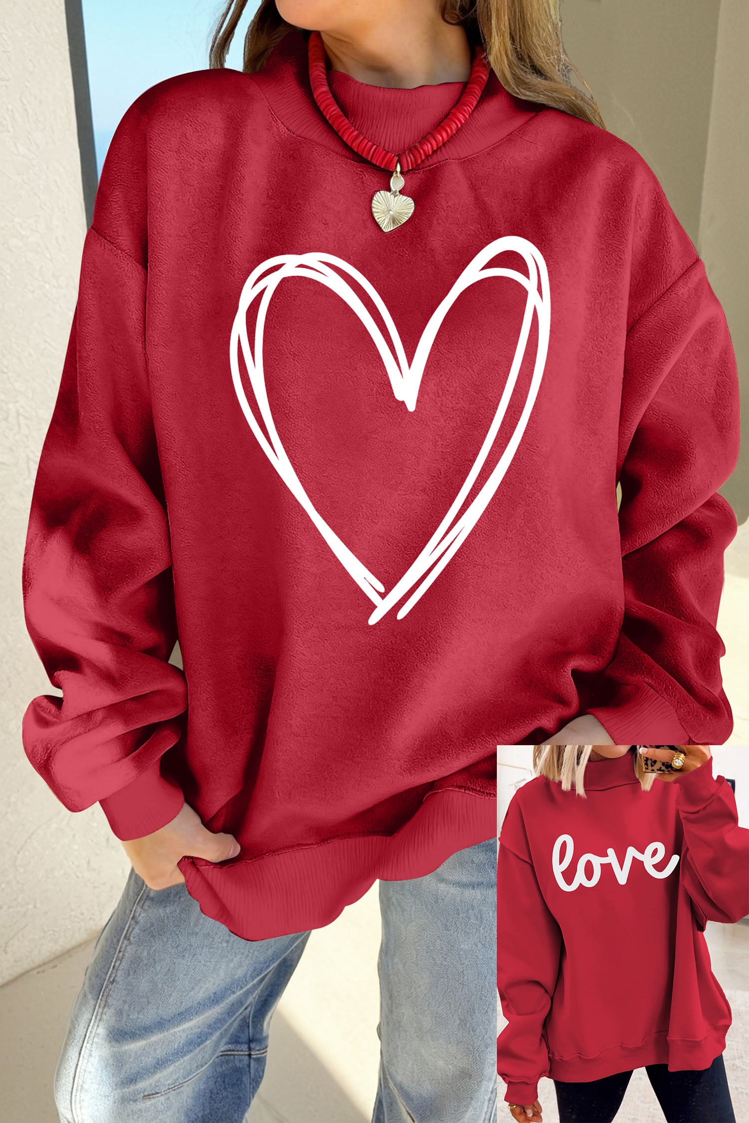 Racing Red Valentines Day Heart Love Script Reversible Printed Double Wear Mock Neck Sweatshirt - Aaria Tees Aaria Tees