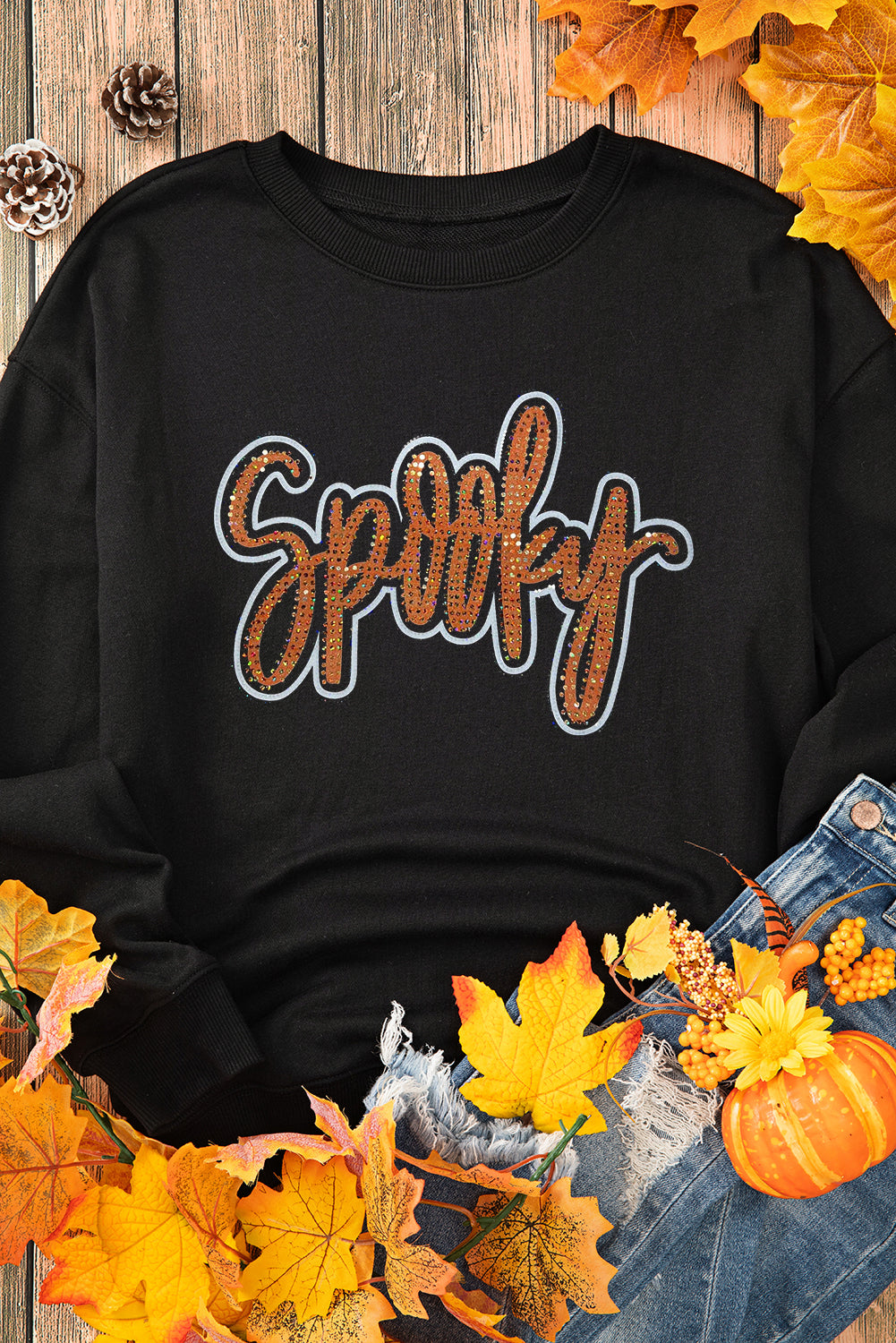 Black Spooky Rhinestone Drop Shoulder Graphic Sweatshirt - Aaria Tees Aaria Tees