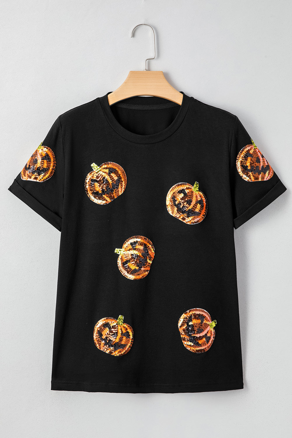 Black Sequin Pumpkin Face Halloween T Shirt - Aaria Tees Aaria Tees