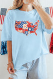 Light Blue Faux Patchwork Print American Patriotic Graphic Tee Aaria Tees