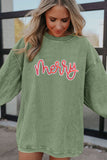 Grass Green Sequined merry Letter Graphic Twisted Ribbed Baggy Sweatshirt Aaria Tees