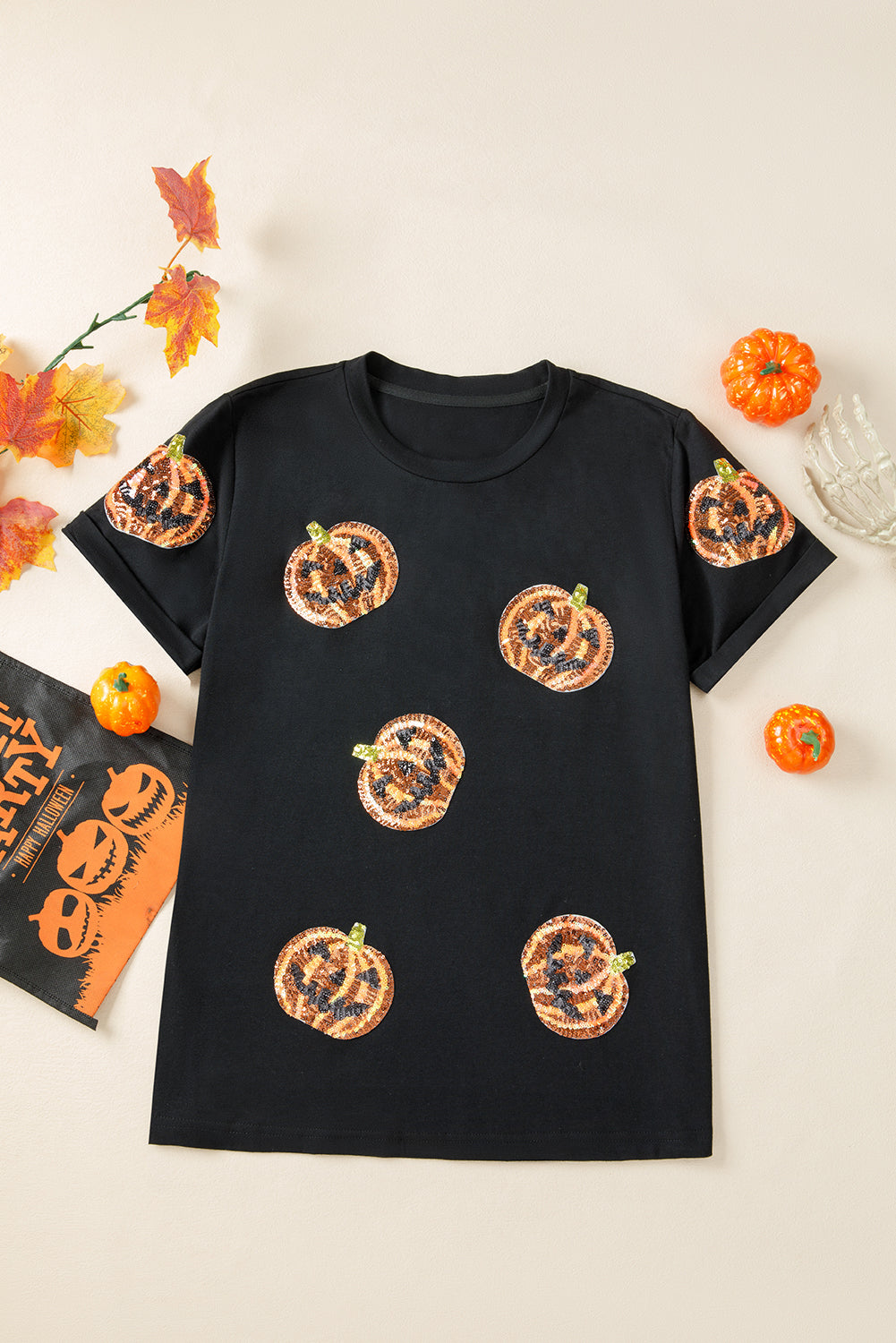 Black Sequin Pumpkin Face Halloween T Shirt - Aaria Tees Aaria Tees