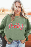 Grass Green Sequined merry Letter Graphic Twisted Ribbed Baggy Sweatshirt Aaria Tees