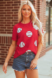 Red Glittering Rugby Pattern Crew Neck Game Day T Shirt Aaria Tees