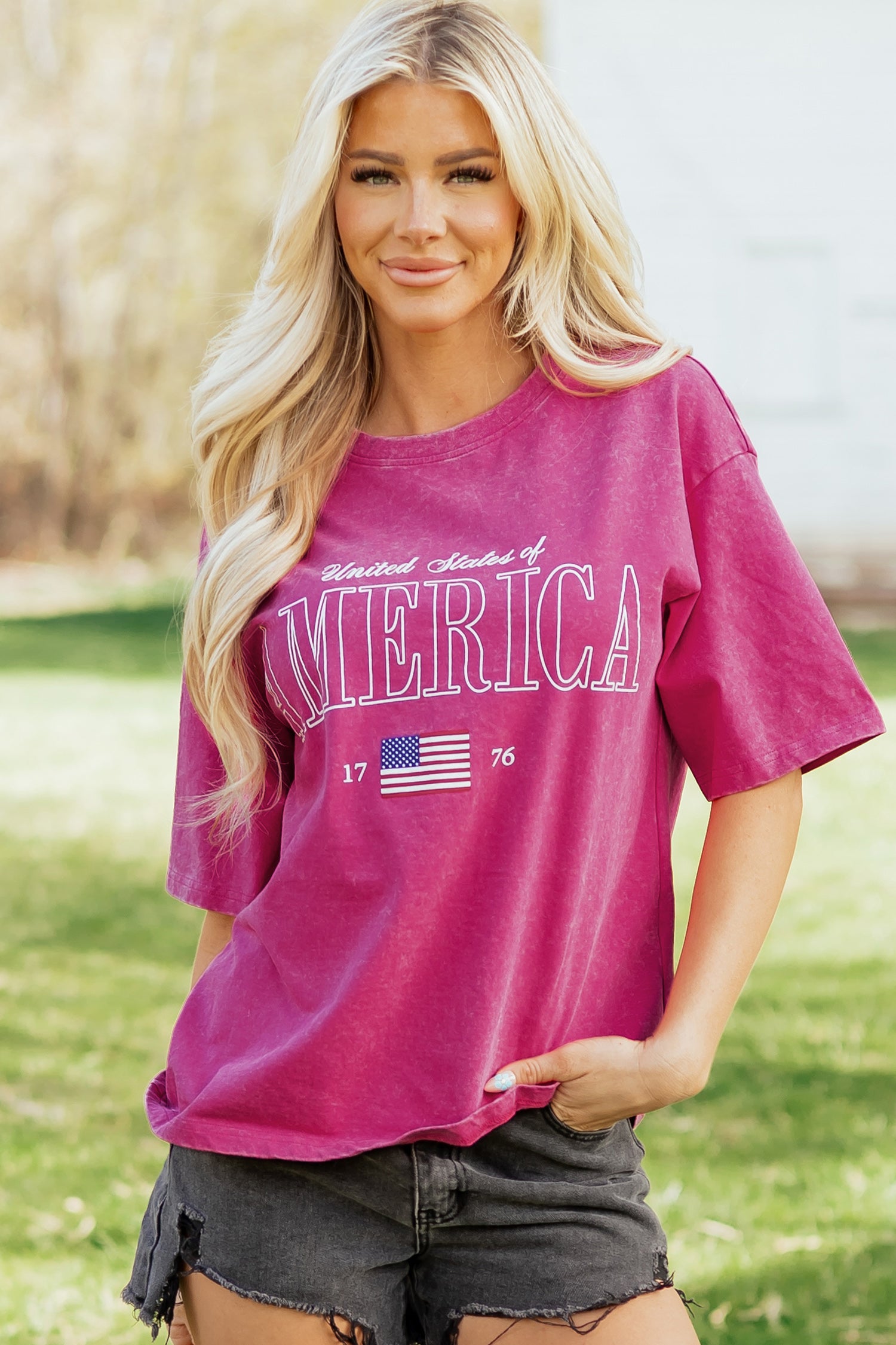 Rose Red AMERICA 1776 Graphic Mineral Wash Cotton Tee - Aaria Tees Aaria Tees