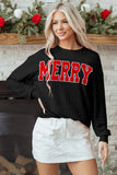 Blackish Green Twisted Rib Outlined Merry Letter Graphic Loose Long Sleeve Top Aaria Tees
