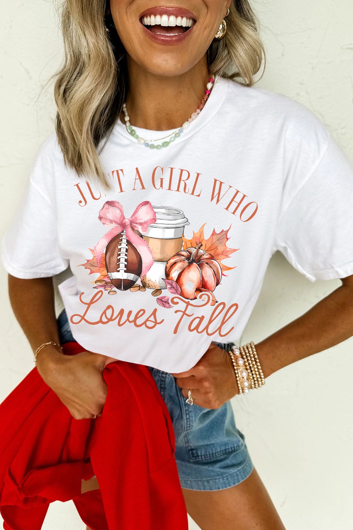White JUST A GIRL WHO Loves Fall Graphic Casual Tee - Aaria Tees