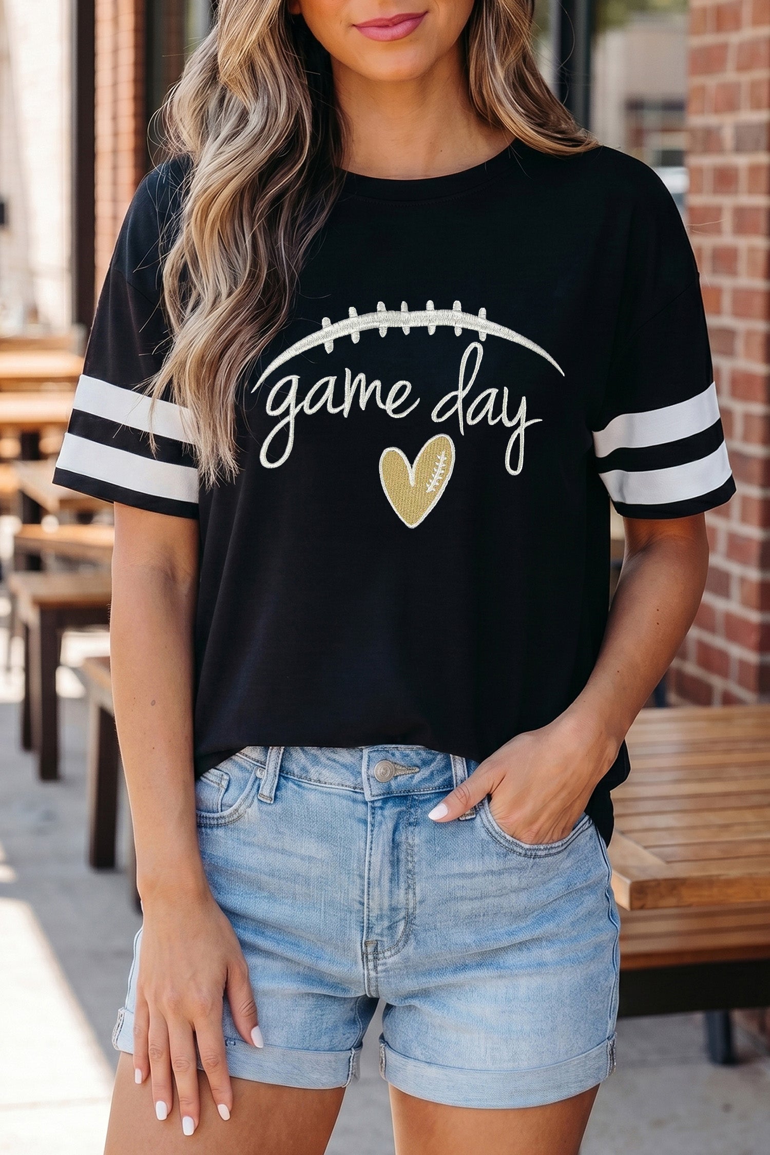 Black Game Day Embroidered Heart Pattern Varsity Casual T Shirt - Aaria Tees Aaria Tees