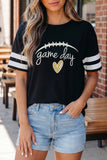 Black Game Day Embroidered Heart Pattern Varsity Casual T Shirt - Aaria Tees Aaria Tees