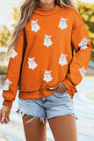 Carrot Sequin Ghost Graphic Exposed Seam Mock Neck Pullover Sweatshirt Aaria Tees