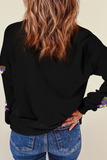 Black Sequin Mardi Gras Bow Graphic Drop Shoulder Pullover Sweatshirt Aaria Tees