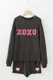 Carbon Grey XOXO Heart Patched Pattern Long Sleeve Corded Shorts Set Aaria Tees