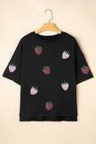 Black Sequin Strawberry Graphic High Low Relaxed Fit Tee Aaria Tees