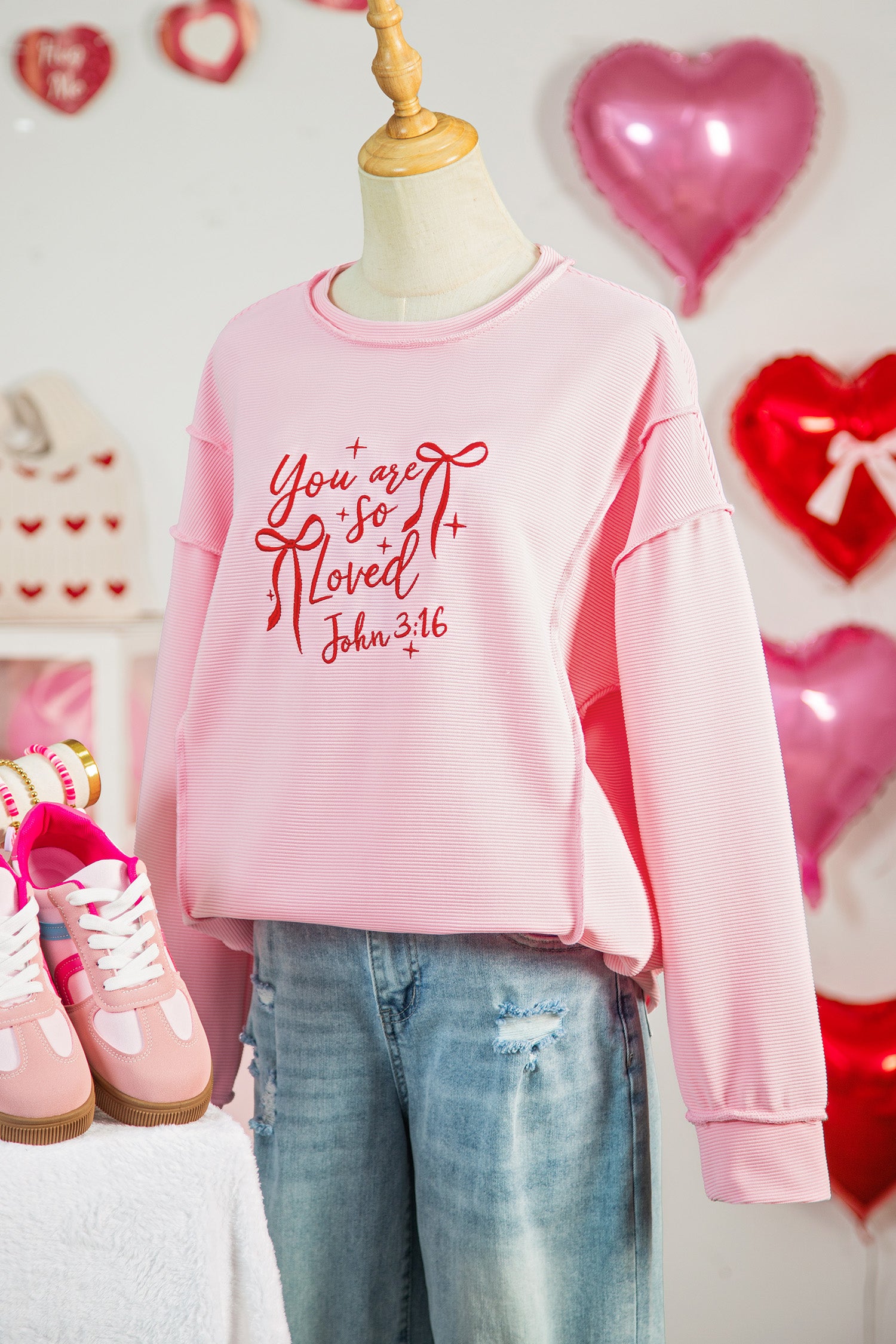 Pink you are so loved Valentines Day Bow Embroidered Graphic Pullover Top - Aaria Tees Aaria Tees