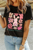Black Happy Easter Bunny Flower Printed Casual Tee Aaria Tees