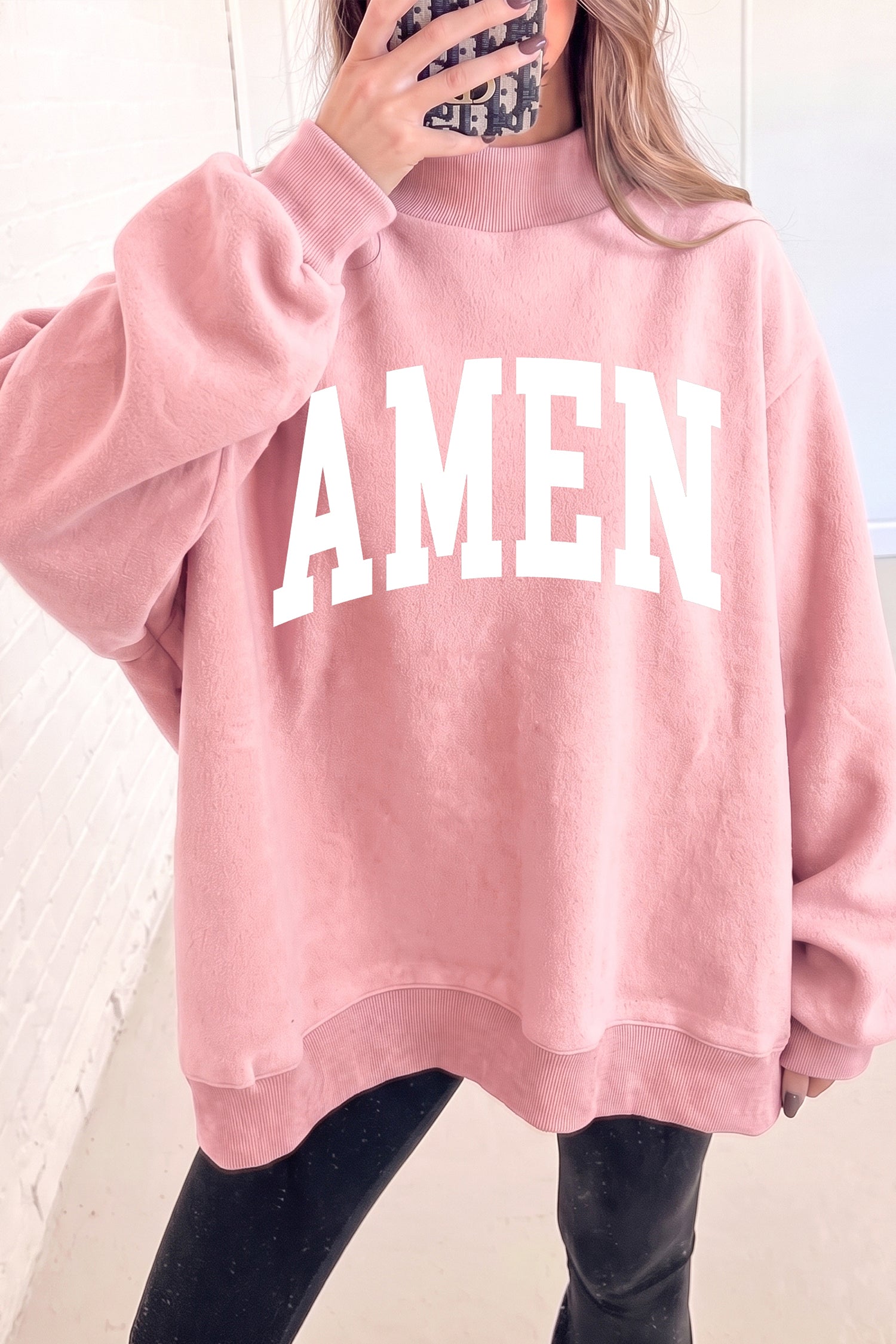 Light Pink WWJD/ AMEN Double Side Printed Mock Neck Reversible Sweatshirt - Aaria Tees Aaria Tees