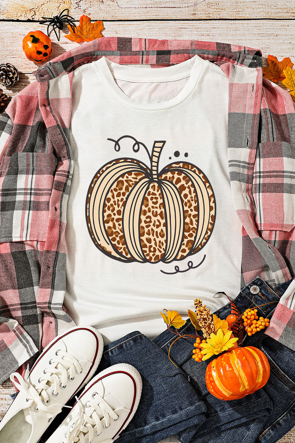 White Leopard Pumpkin Graphic Crewneck Halloween T Shirt - Aaria Tees Aaria Tees