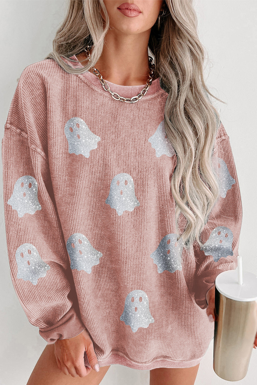 Pink Halloween Ghost Corded Crew Neck Loose Sweatshirt - Aaria Tees Aaria Tees