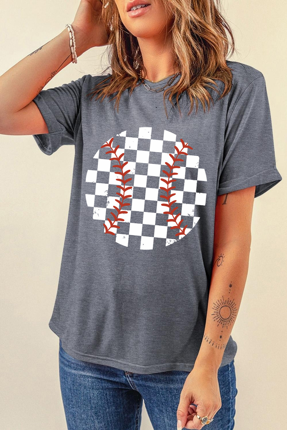 Gray Vintage Checkered Baseball Graphic Tee - Aaria Tees Aaria Tees
