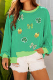 Bright Green Twisted Rib St Patricks Day Sequin Patch Graphic Long Sleeve Top - Aaria Tees Aaria Tees