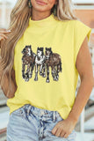 Yellow High Neck Sequin Horse Cap Sleeve Tunic Top - Aaria Tees Aaria Tees