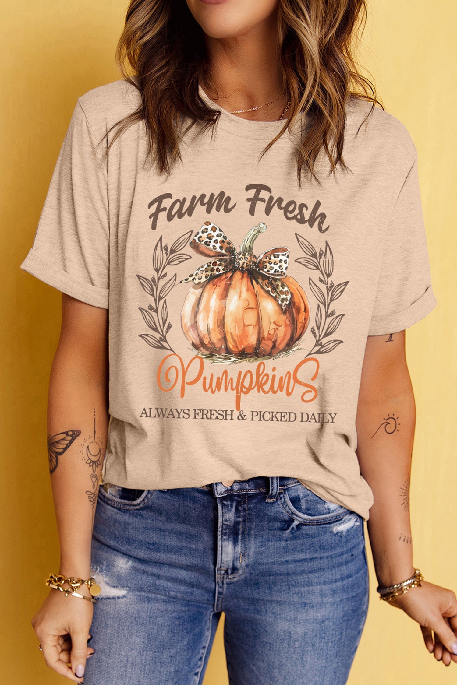 Khaki Farm Fresh Pumpkin Slogan Fall Thanksgiving Graphic Tee - Aaria Tees Aaria Tees