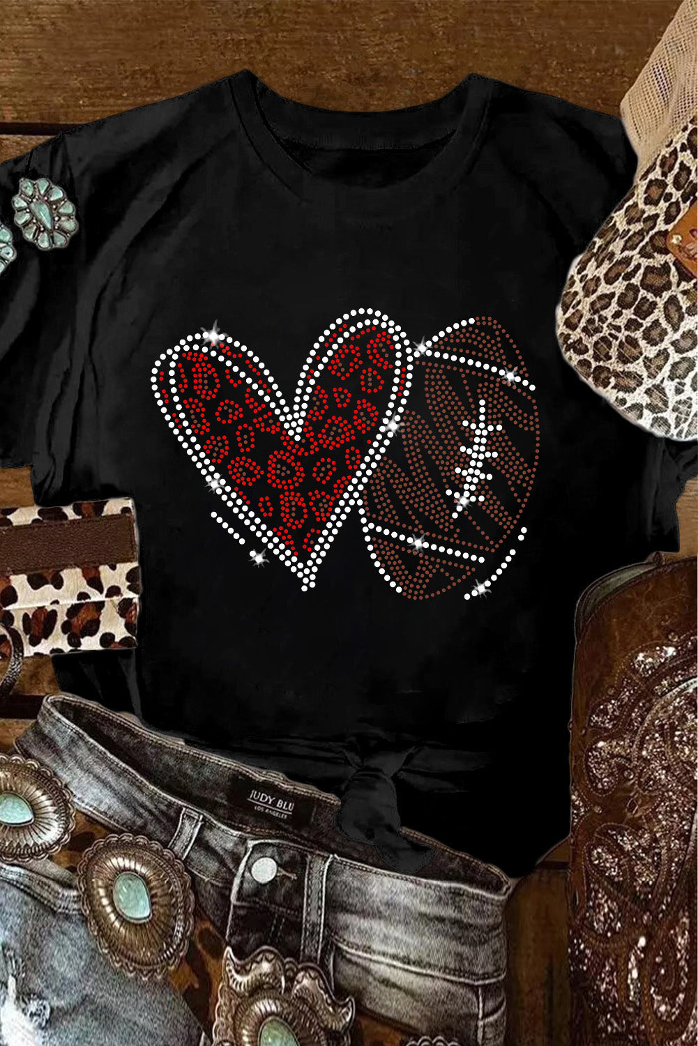 Black Rhinestone Rugby Football Heart Shape Graphic T Shirt - Aaria Tees Aaria Tees