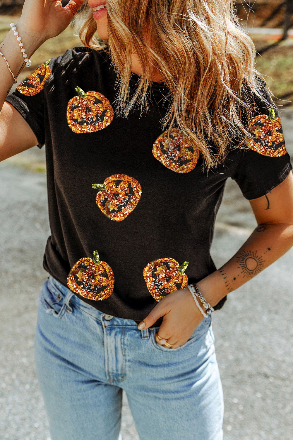 Black Sequin Pumpkin Face Halloween T Shirt - Aaria Tees Aaria Tees