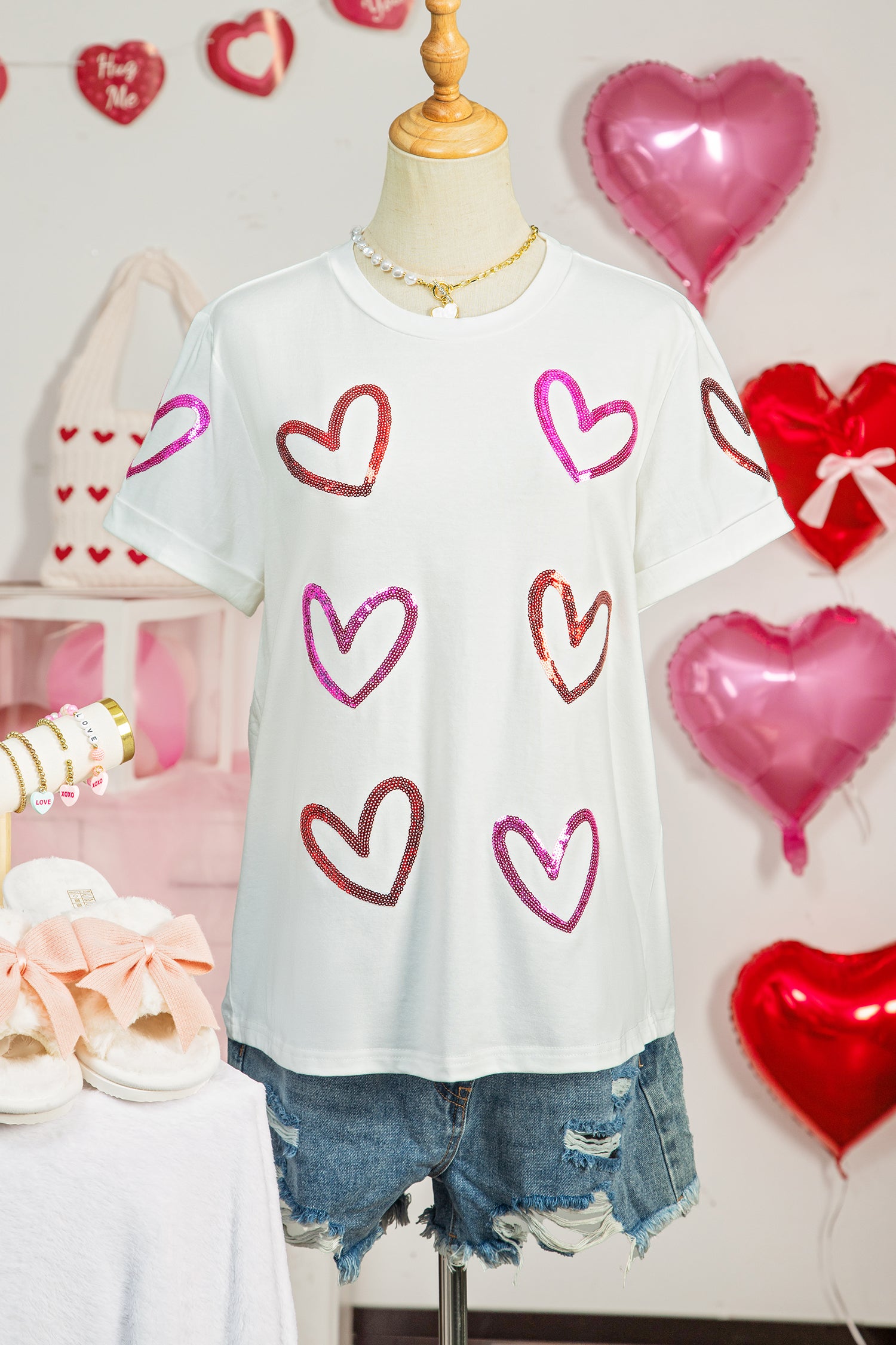 White Sequin Heart Sketch Graphic Womens Casual Tee - Aaria Tees Aaria Tees