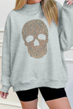 Gray Halloween Rhinestone Skull Graphic Mock Neck Baggy Pullover Sweatshirt Aaria Tees