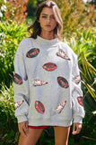Light Grey Sequin Rugby Game Day High Neck Baggy Sweatshirt - Aaria Tees Aaria Tees