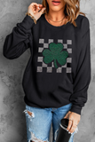Black Rhinestone Checkerboard Clover Graphic St Patrick Sweatshirt Aaria Tees