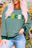Green Stripe Chenille LUCKY Patched Pattern St Patrick Long Sleeve Top Aaria Tees