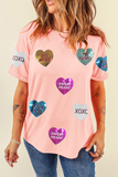 Pink Sequin Valentines Lettering Heart Patched Crewneck T Shirt Aaria Tees