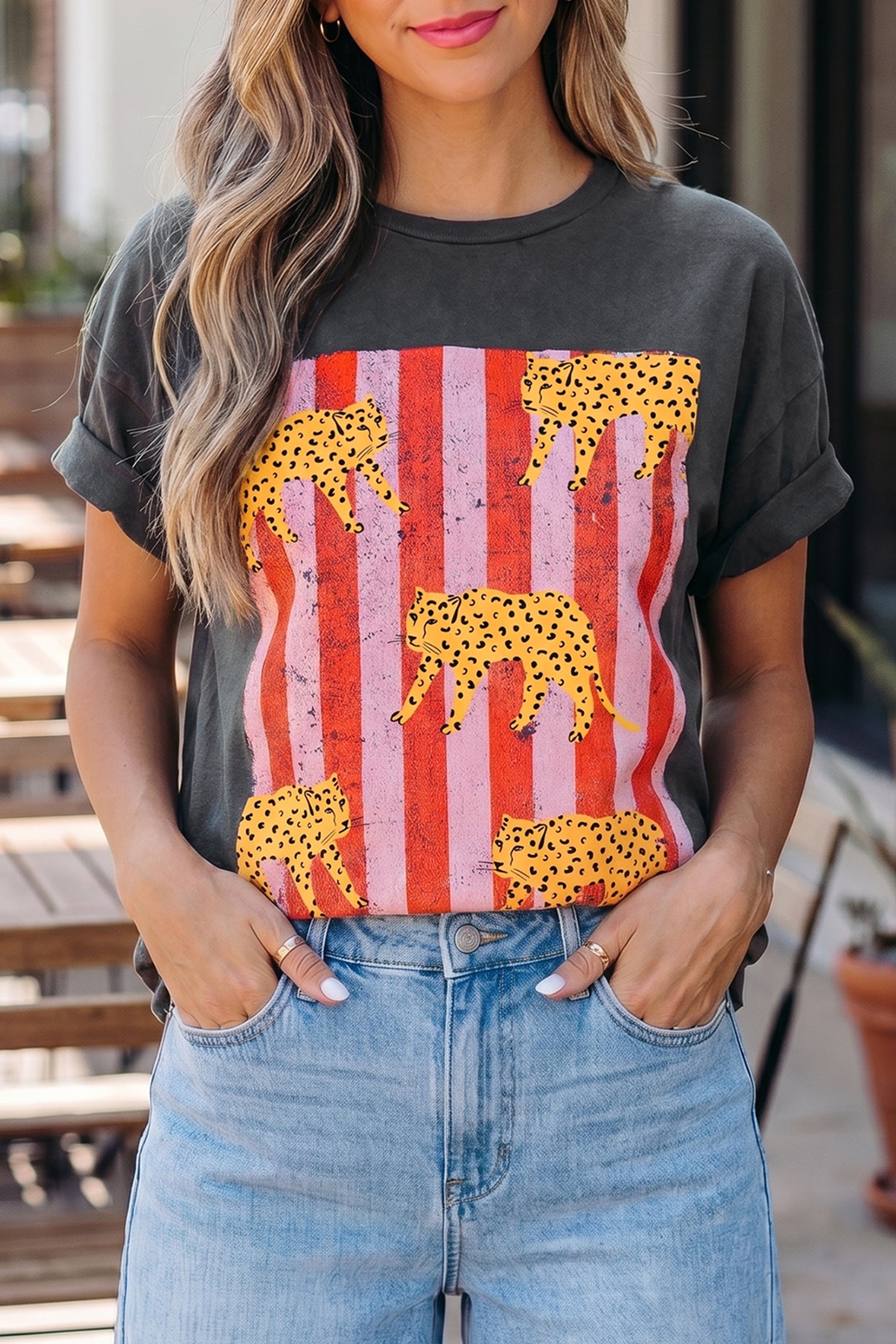 Dark Grey Cheetah Striped Print Retro Fashion Graphic Tee - Aaria Tees Aaria Tees