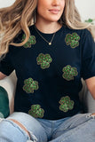 Black Sequin Leopard Clover Graphic Crewneck St Patrick Tee Aaria Tees