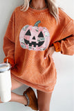 Orange Patchwork Pumpkin Graphic Corded Ribbed Round Neck Tunic Sweatshirt Aaria Tees
