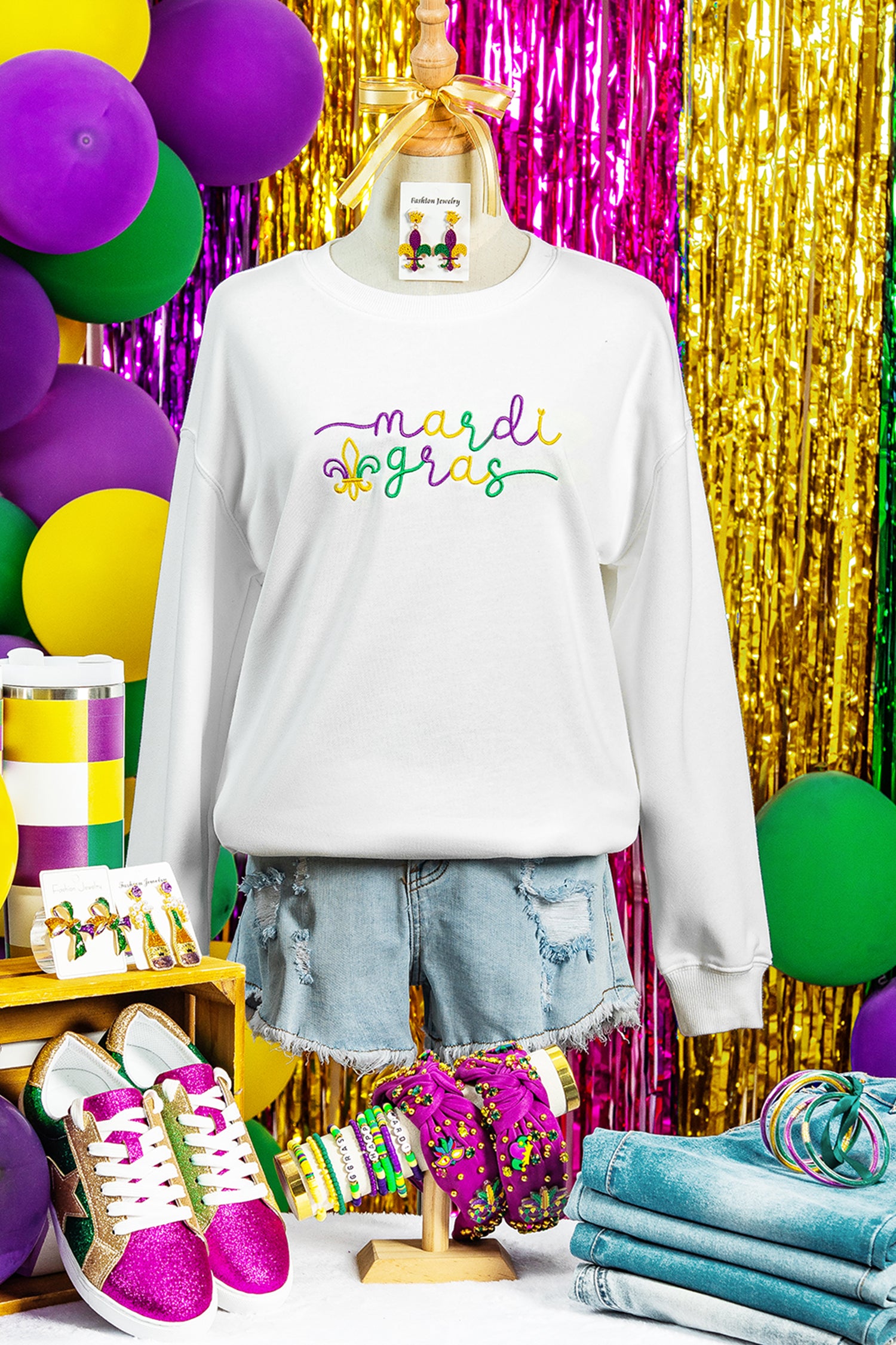 White mardi gras Fleur De Lis Embroidered Graphic Pullover Sweatshirt - Aaria Tees Aaria Tees