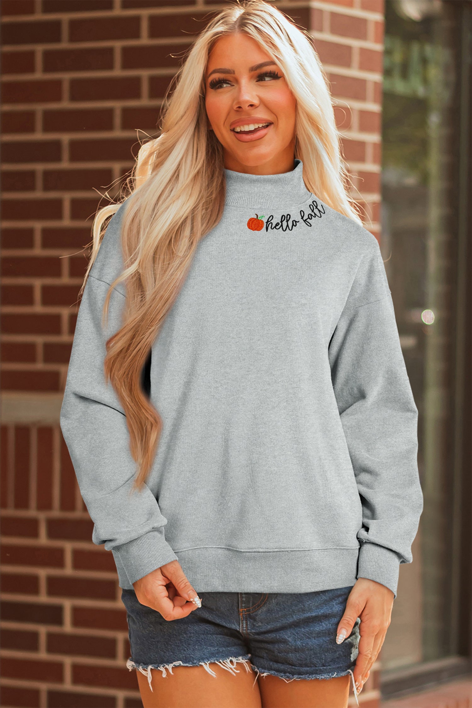Gray hello fall Embroidered Pumpkin Detail Mock Neck Sweatshirt - Aaria Tees Aaria Tees