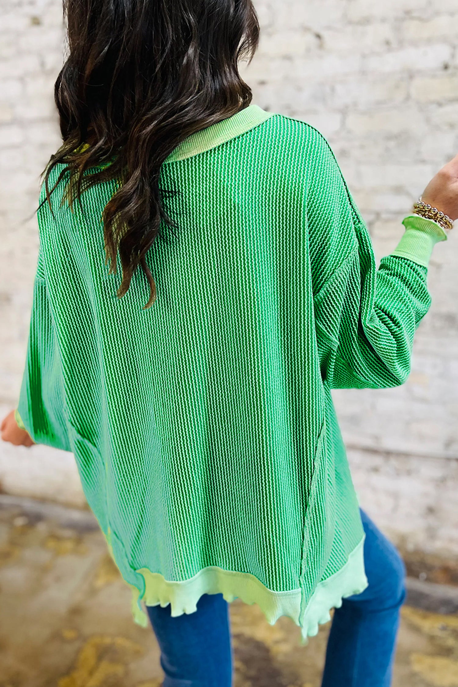 Bright Green Twisted Rib St Patricks Day Sequin Patch Graphic Long Sleeve Top - Aaria Tees Aaria Tees